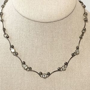 Vintage Rhinestone Necklace Mid Century West Germany Dainty Silver Pewter Tone